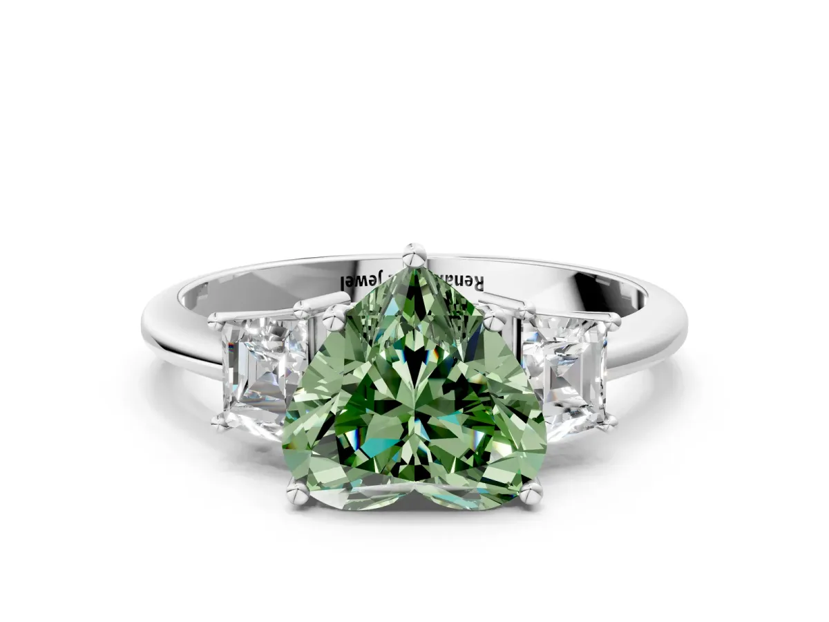 Fancy Green Heart Cut Diamond Three-Stone Ring with Trapezoid Side Stones and Prong Setting Silver