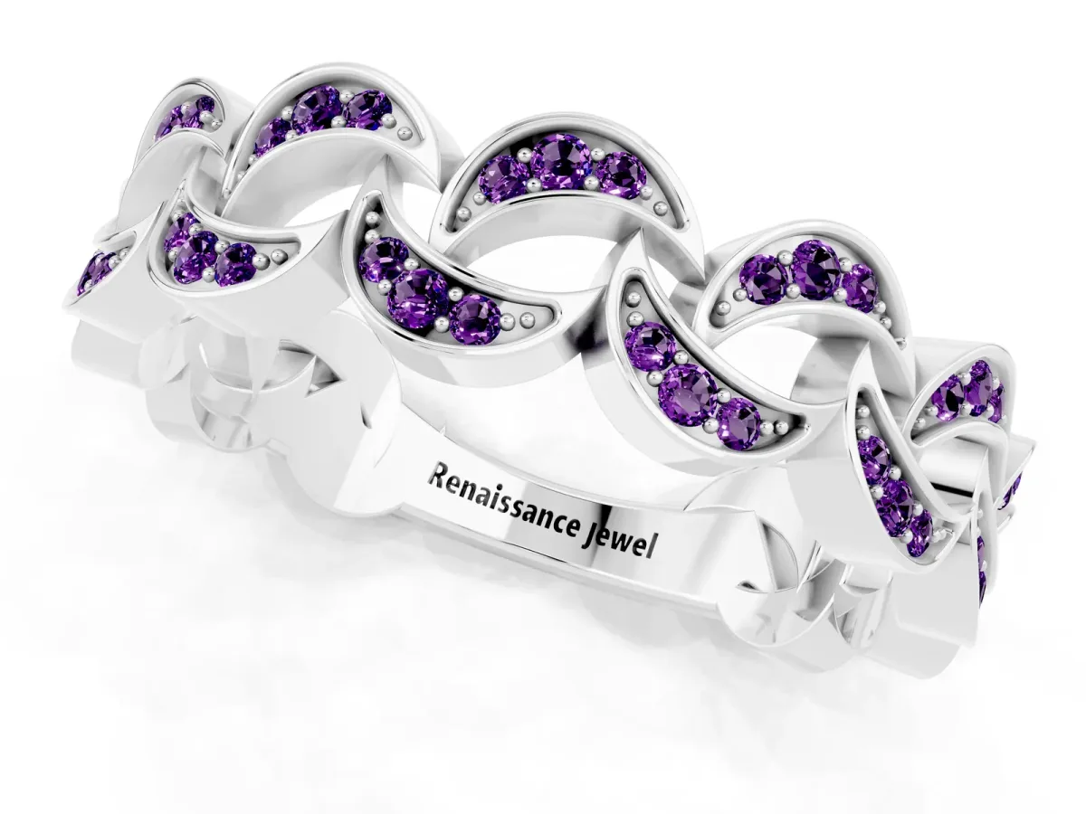 Pavé Round Amethyst Interlocking Eternity Band with Bezel Prong Setting Platinum