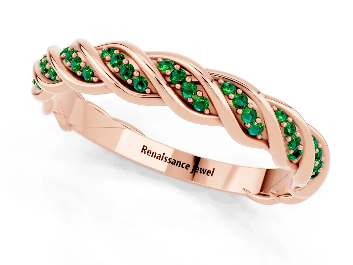 Twisted Pavé Round Emerald Eternity Band with Shared Prong Setting Rose gold