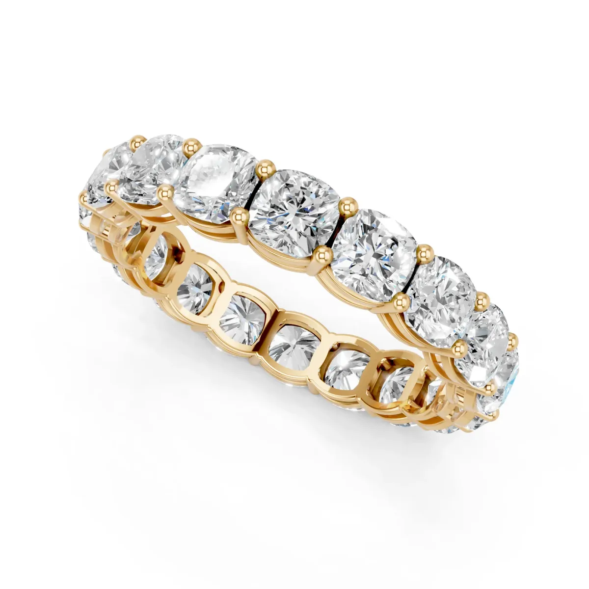 Cushion Cut Eternity Band with Shared Prong Setting Yellow gold