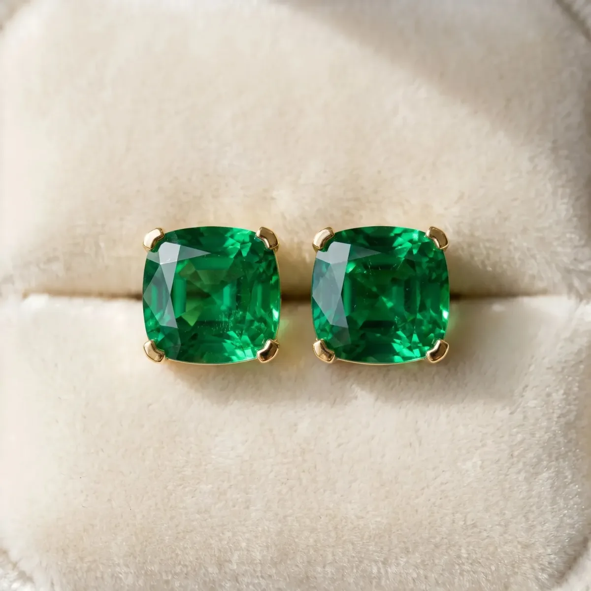 Cushion Cut Emerald Stud Earrings Yellow gold