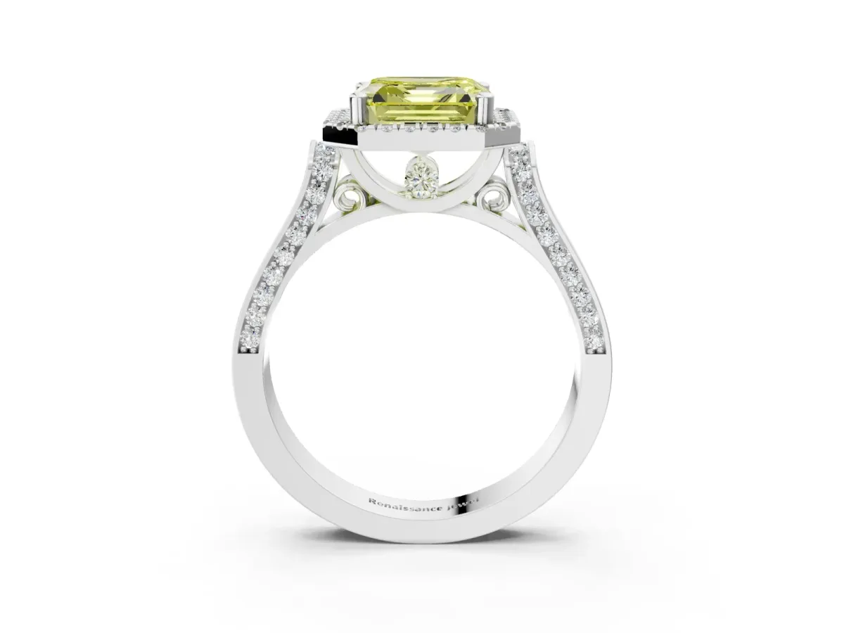Fancy Yellow Asscher Cut Halo Pave Split Shank Prong Setting Ring Platinum