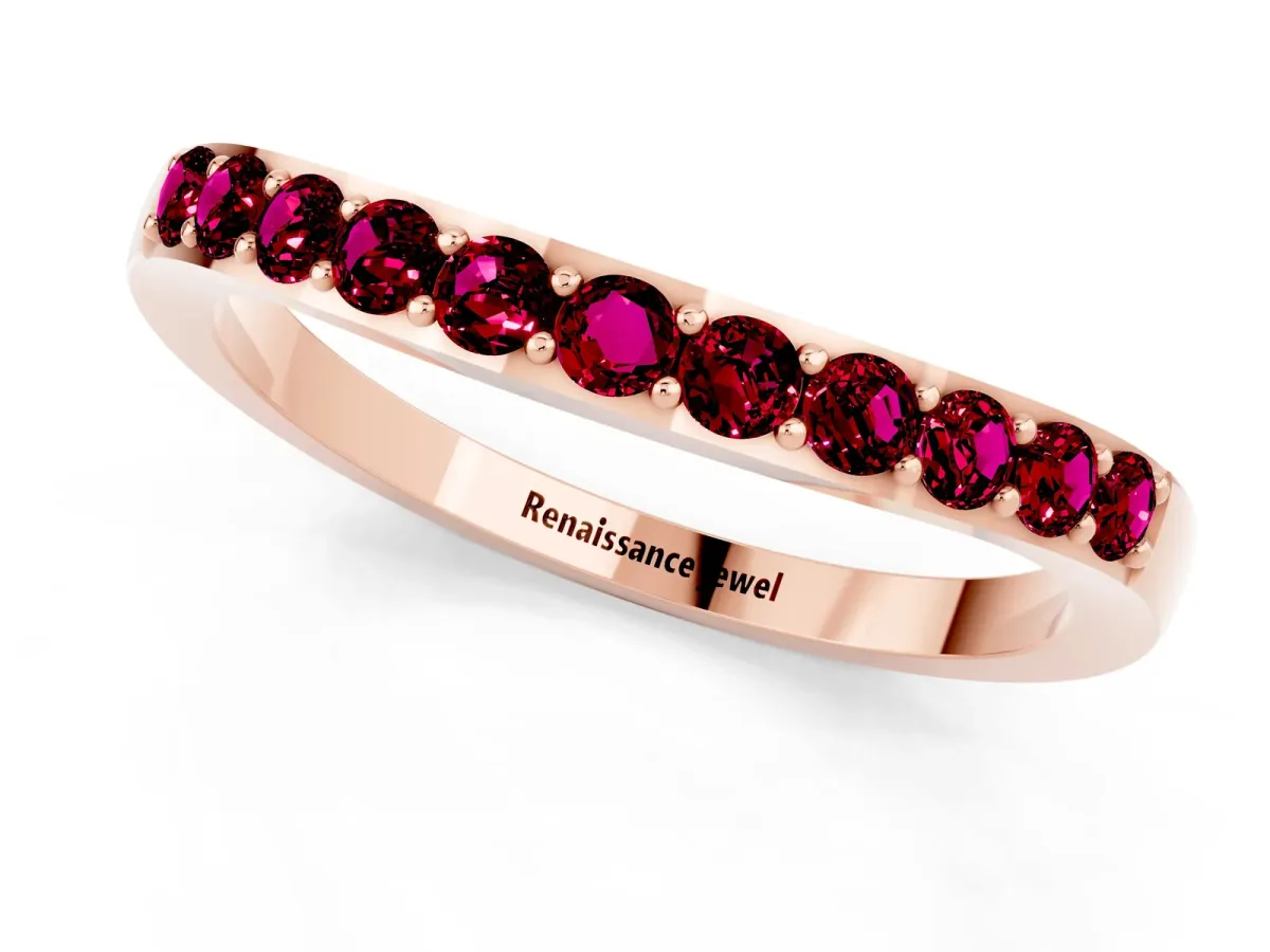 Round Garnet Curved Wedding Band with Channel Setting Rose gold