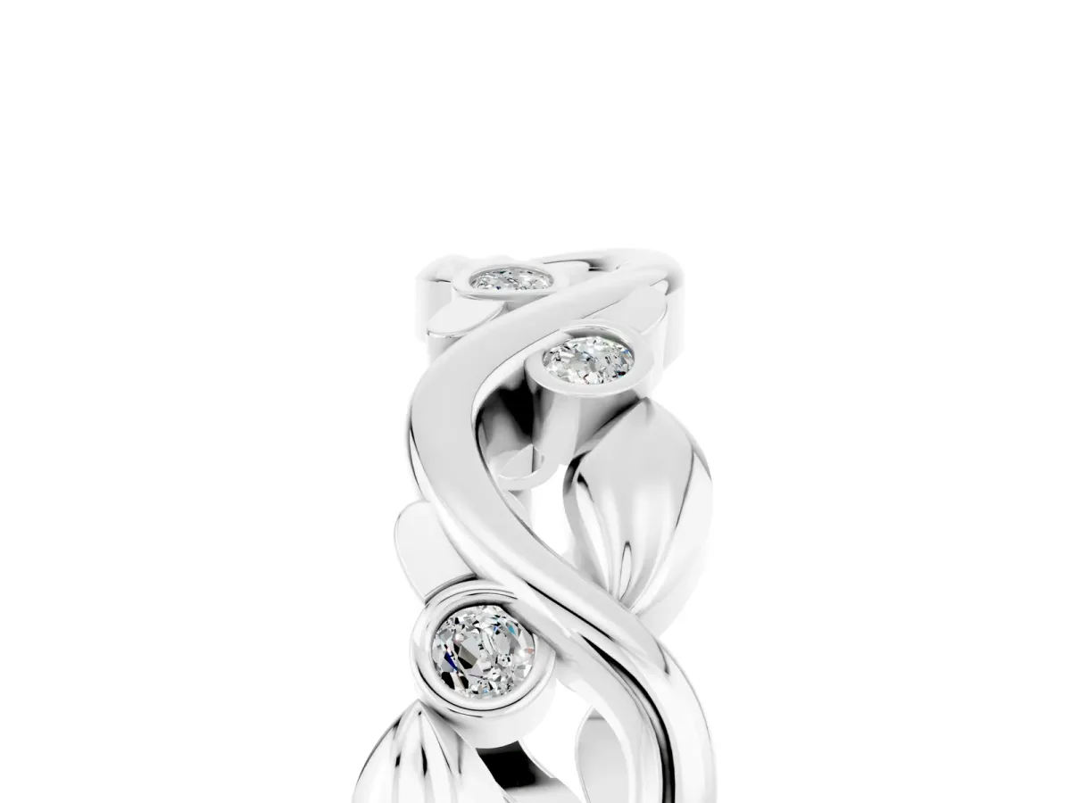 Round Moissanite Leaf Eternity Band with Bezel Setting White gold