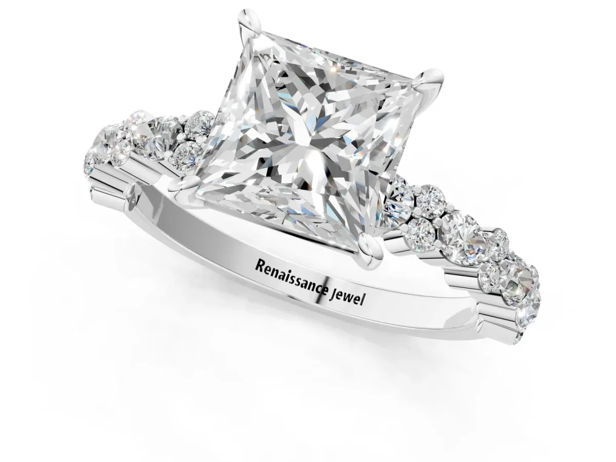 Princess Cut Diamond Side Stone Solitaire Ring with Round and Four-Prong Setting White gold