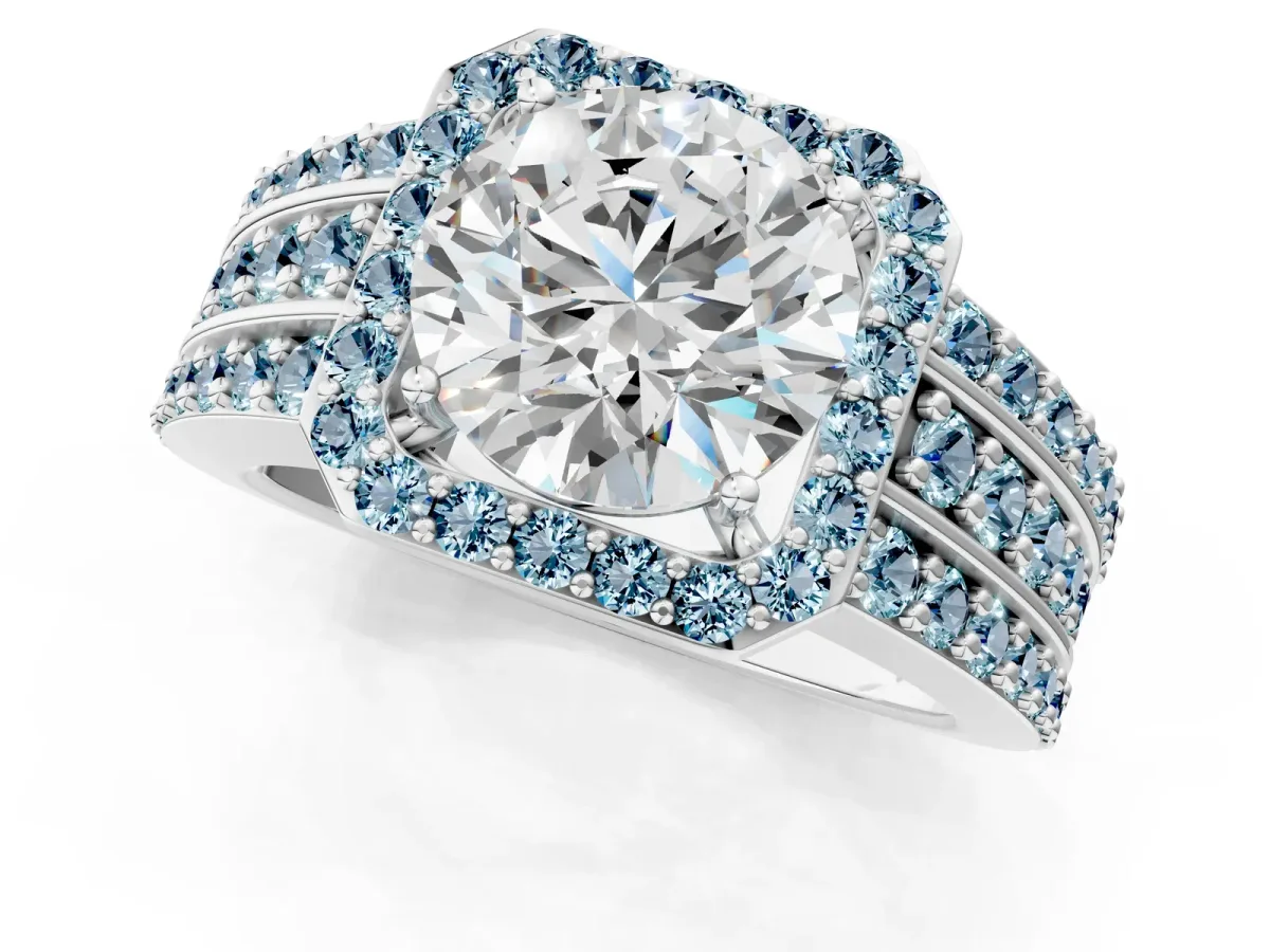 Round Cut Halo Diamond Ring with Round Aquamarine Split Shank and Prong Setting Silver