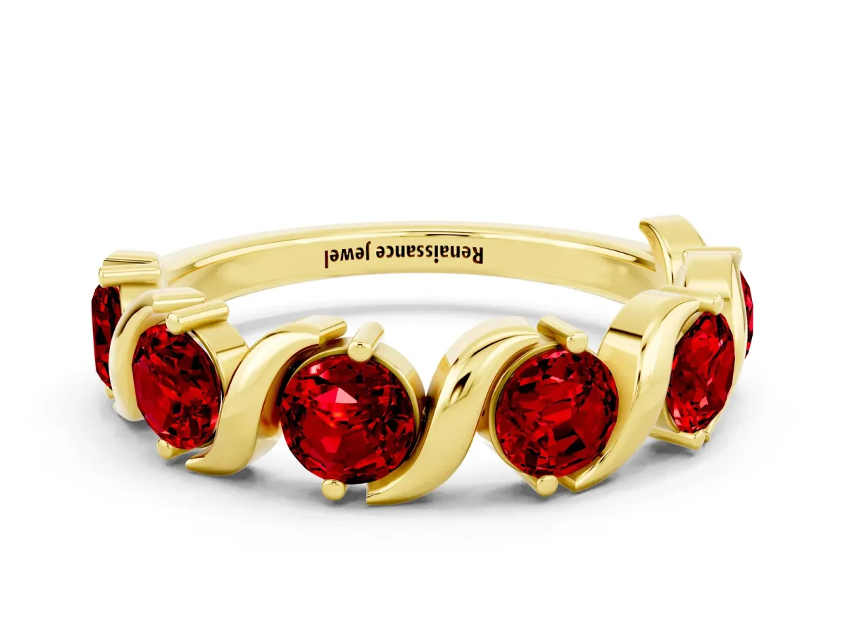 Six-Stone Round Ruby Wave Band with Shared Prong Setting Yellow gold