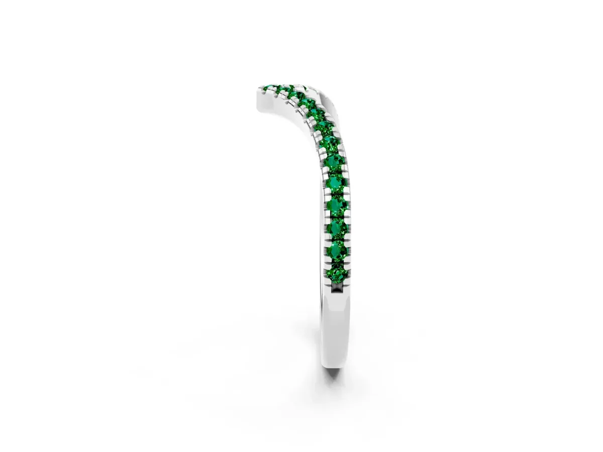 Pavé Round Emerald V-Shaped Chevron Band with Shared Prong Setting Silver
