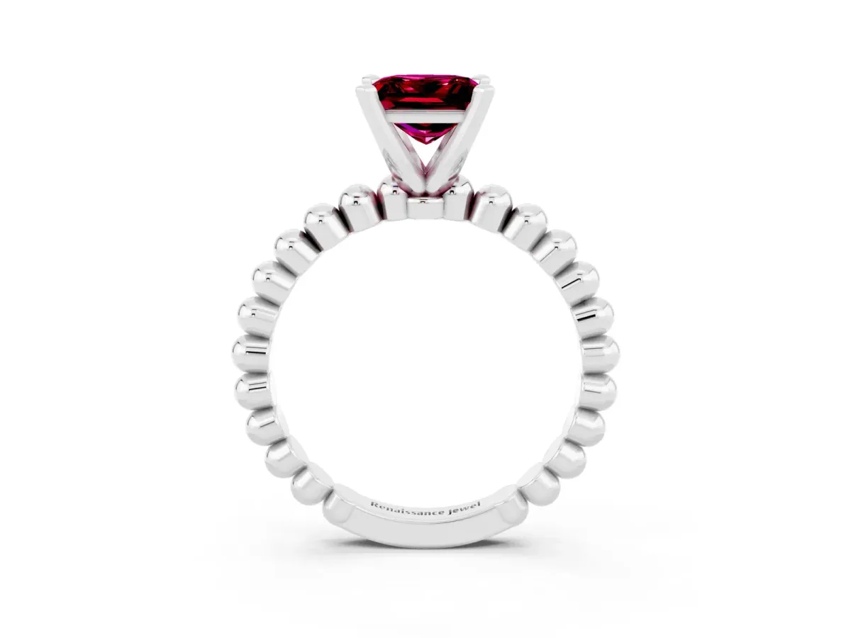 Princess Cut Garnet Solitaire Ring with Beaded Band and Prong Setting Platinum