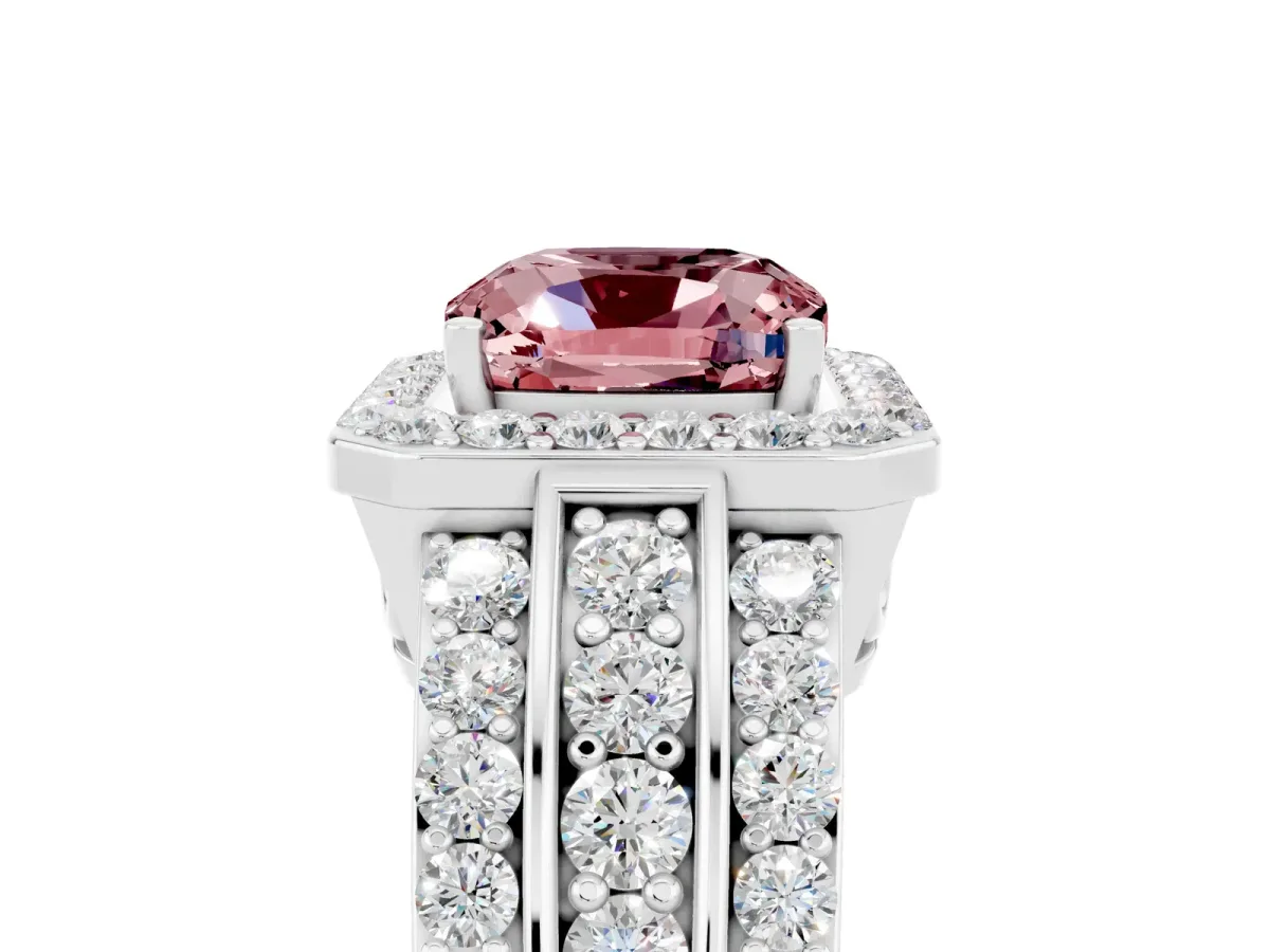 Cushion Cut Halo Morganite Ring with Round Split Shank and Prong Setting Silver