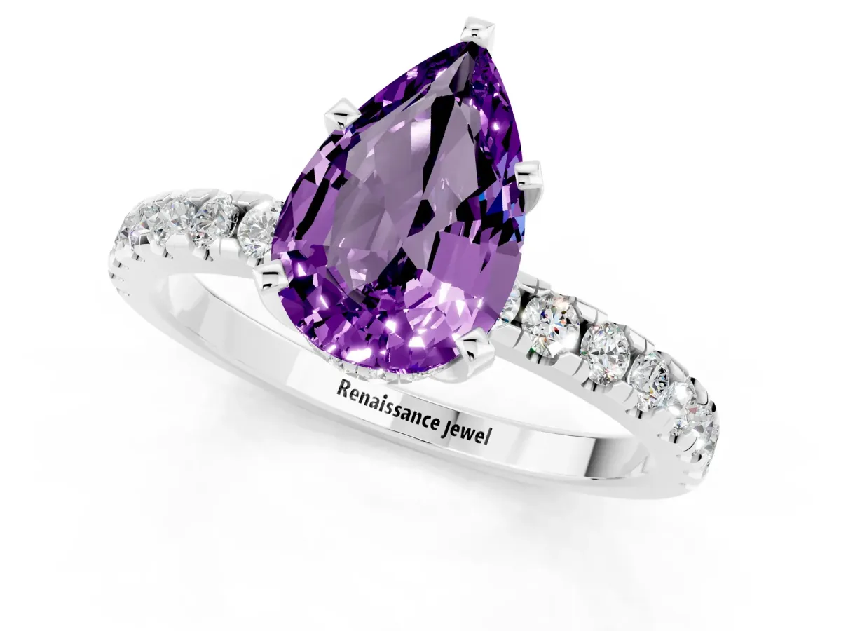 Pear Cut Amethyst Solitaire Ring with Round Pavé Band and Four-Prong Setting Silver