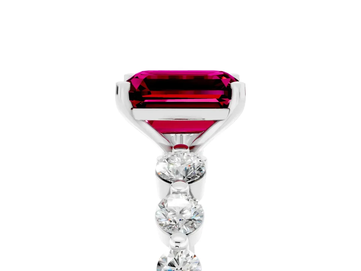 Emerald Cut Solitaire Garnet Ring with Pave Band and Four-Prong Setting Platinum