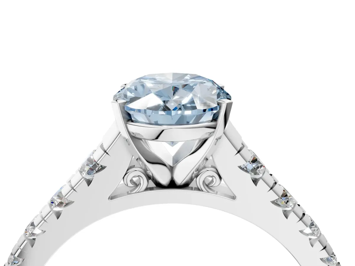 Fancy Blue Oval Cut Diamond Cathedral Solitaire Ring with Round Pavé Band Silver