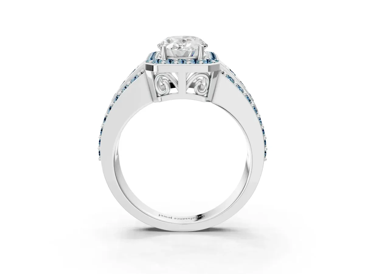 Oval Cut Halo Diamond Ring with Round Aquamarine Split Shank and Prong Setting Silver