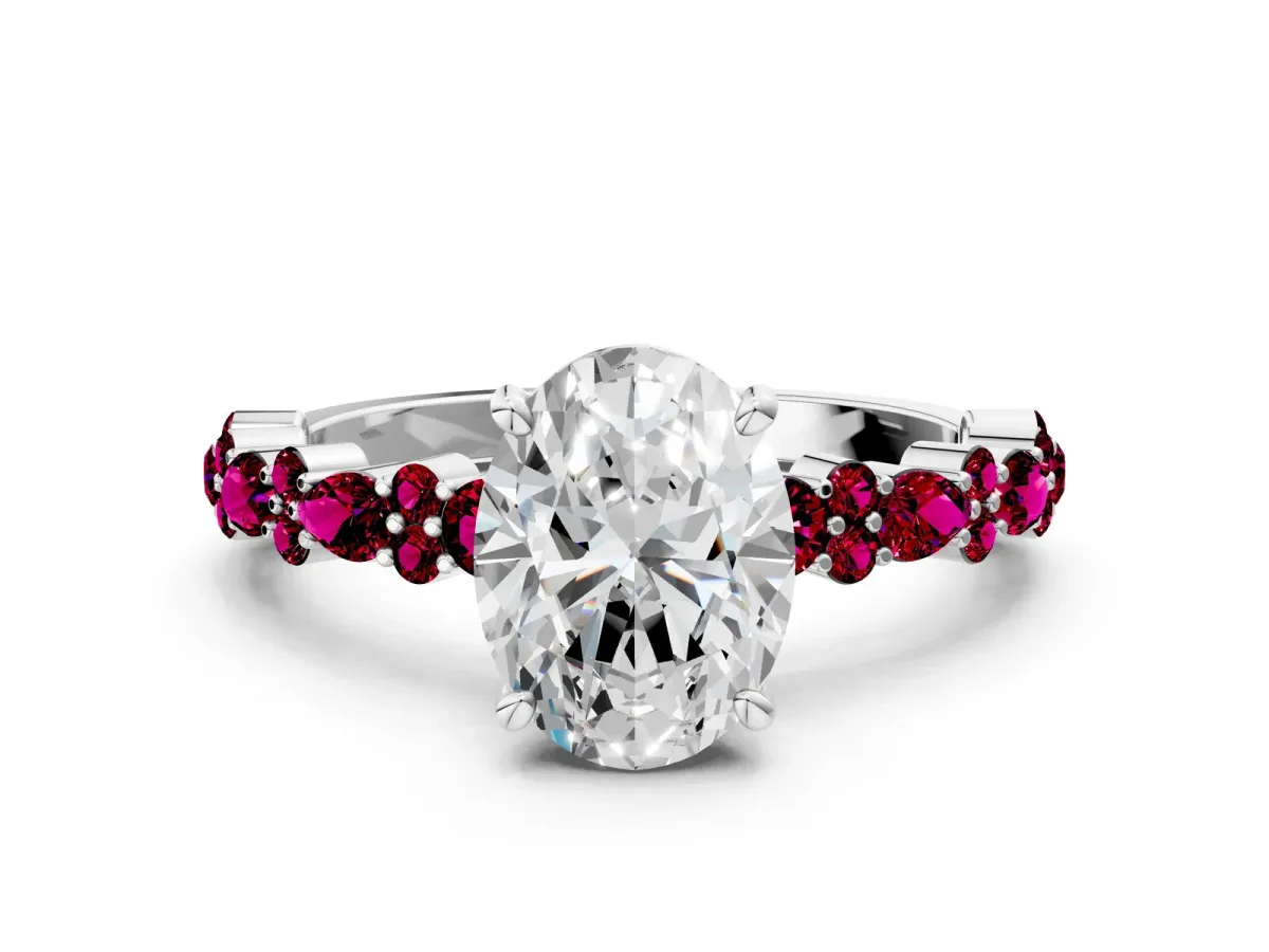Oval Cut Diamond Side Stone Solitaire Ring with Round Garnet and Four-Prong Setting Silver