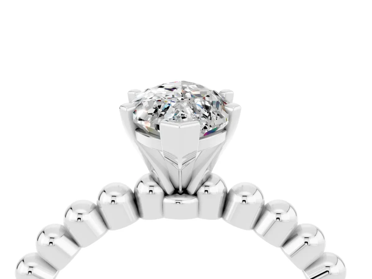 Marquise Cut Moissanite Solitaire Ring with Beaded Band and Prong Setting Silver
