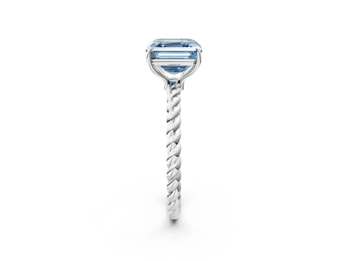 Fancy Blue Asscher Cut Solitaire Twisted Band 4-Prong Ring Platinum