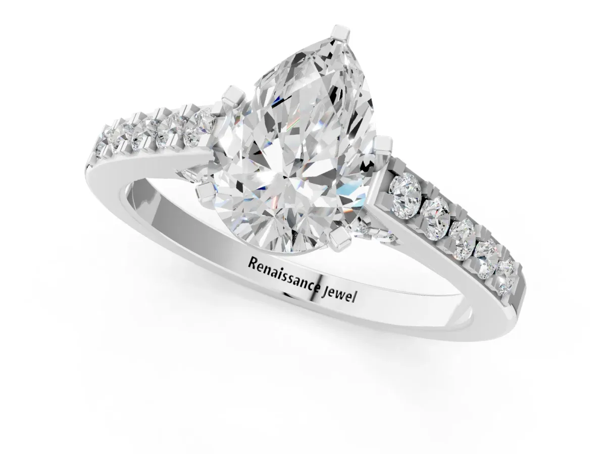 Pear Cut Diamond Solitaire Ring with Crossover Gallery and Round Pavé Band Silver
