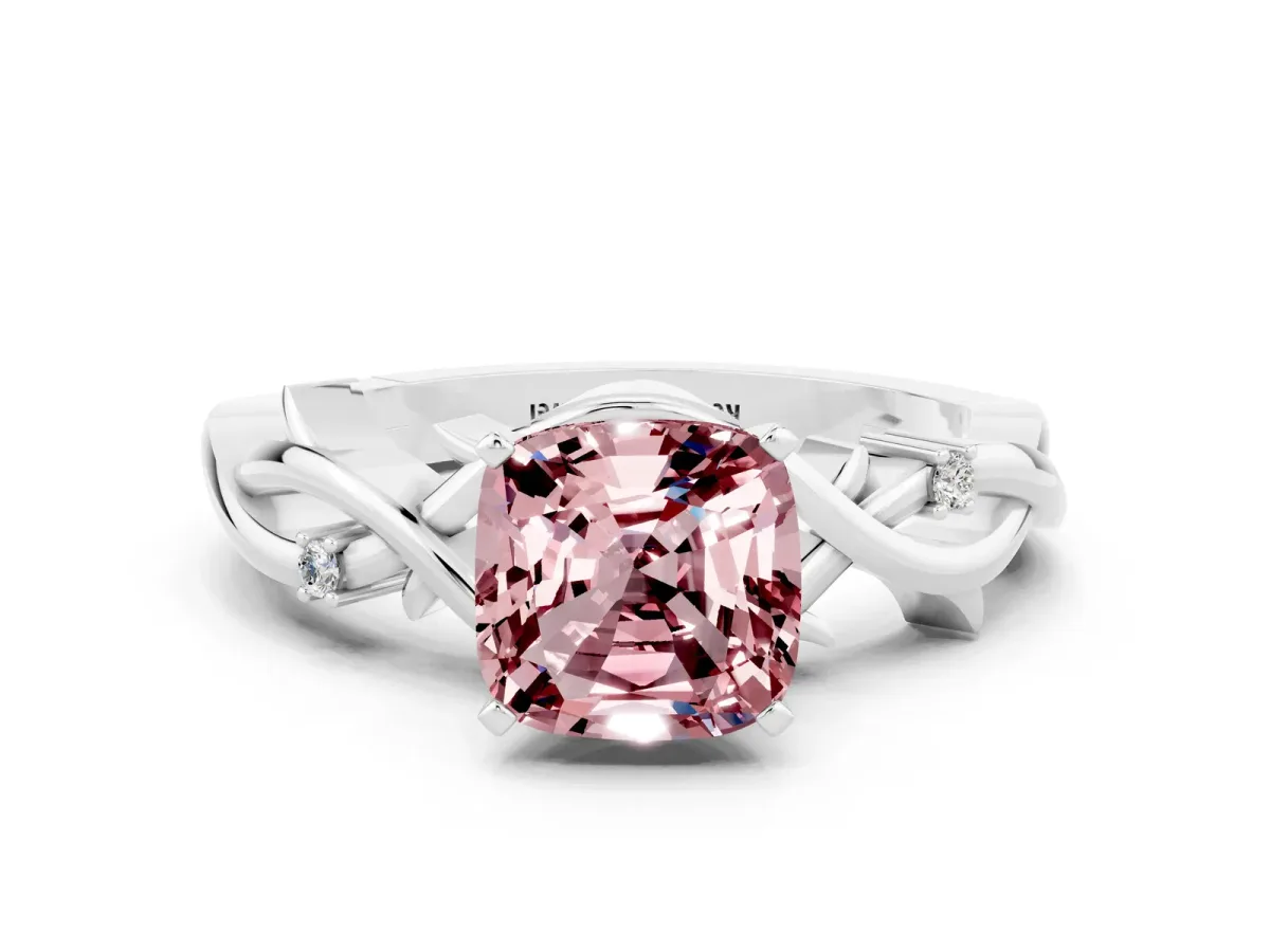 Cushion Cut Morganite Solitaire Ring with Twisted Band and Prong Setting Silver