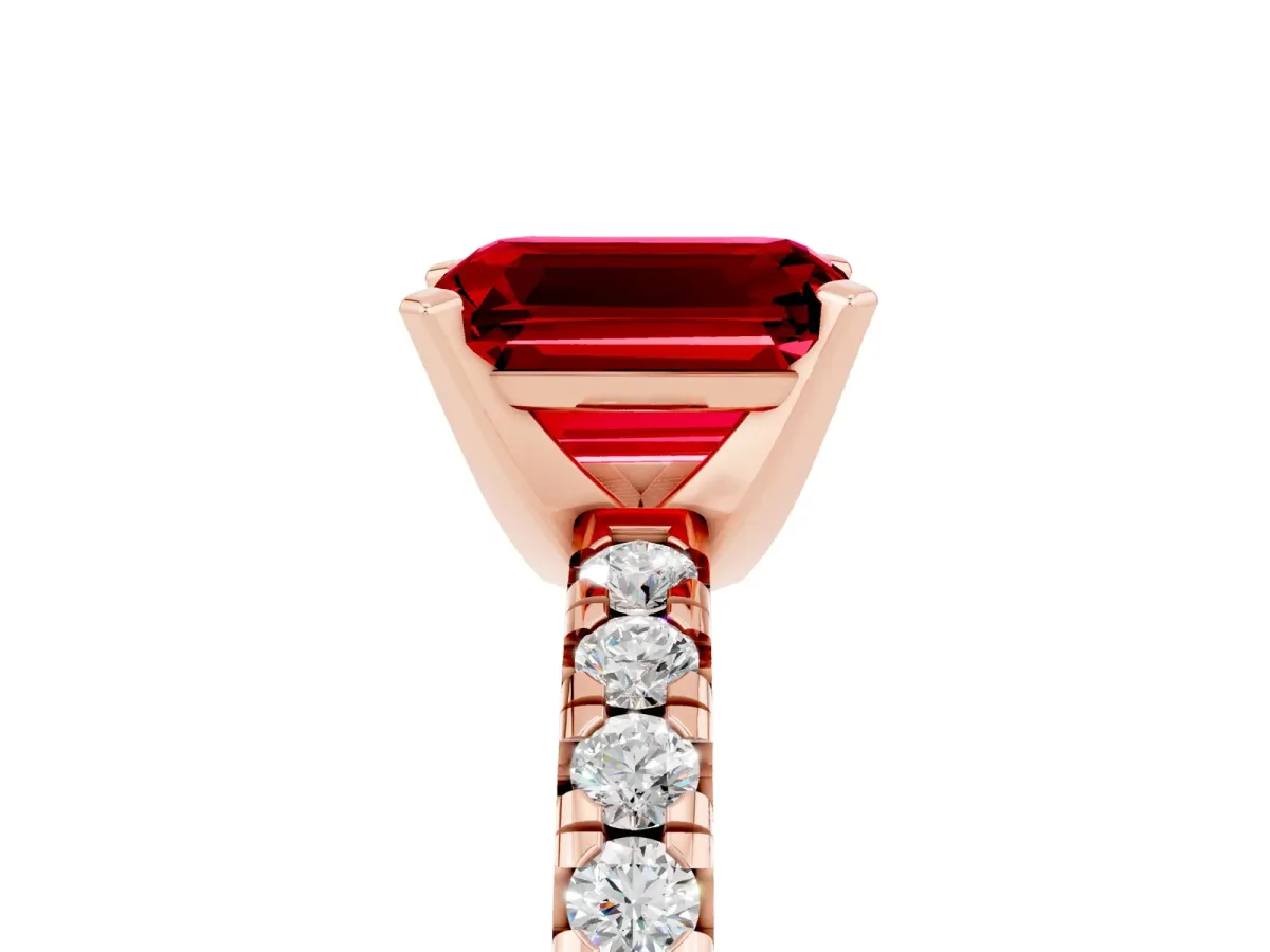 Emerald Cut Ruby Solitaire Pavé Engagement Ring with Round Band and Prong Setting Rose gold