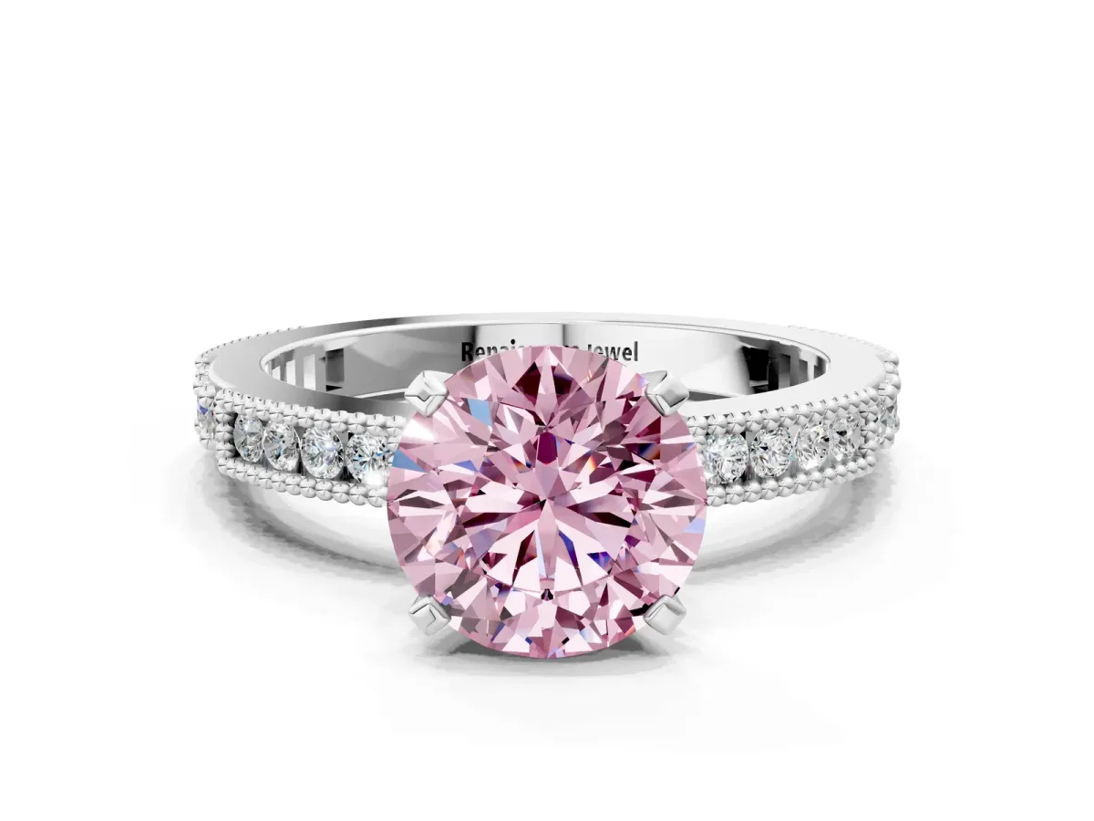 Fancy Pink Round Cut Solitaire with Pavé Band and Four-Prong Setting Silver