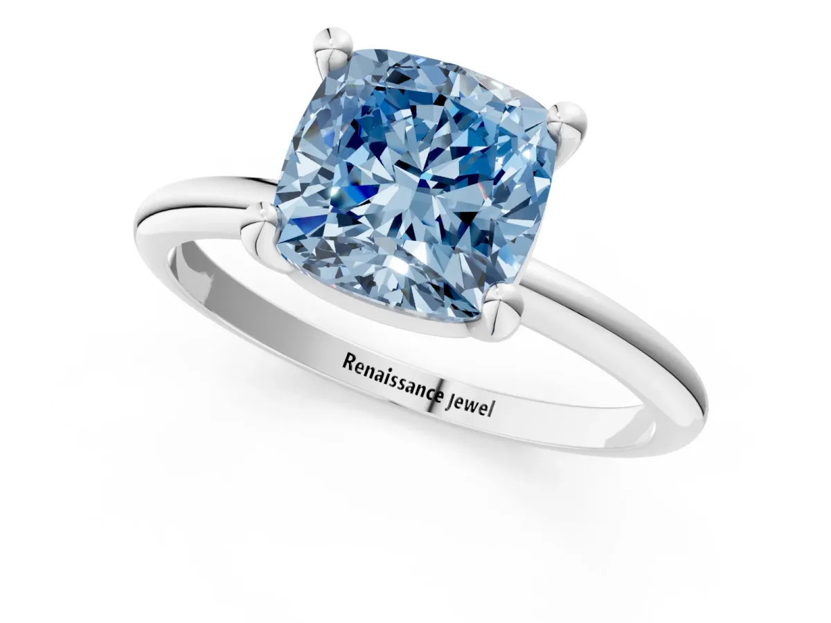 Fancy Blue Cushion Cut Solitaire Diamond Ring with 4-Prong Setting on a Classic Band Silver