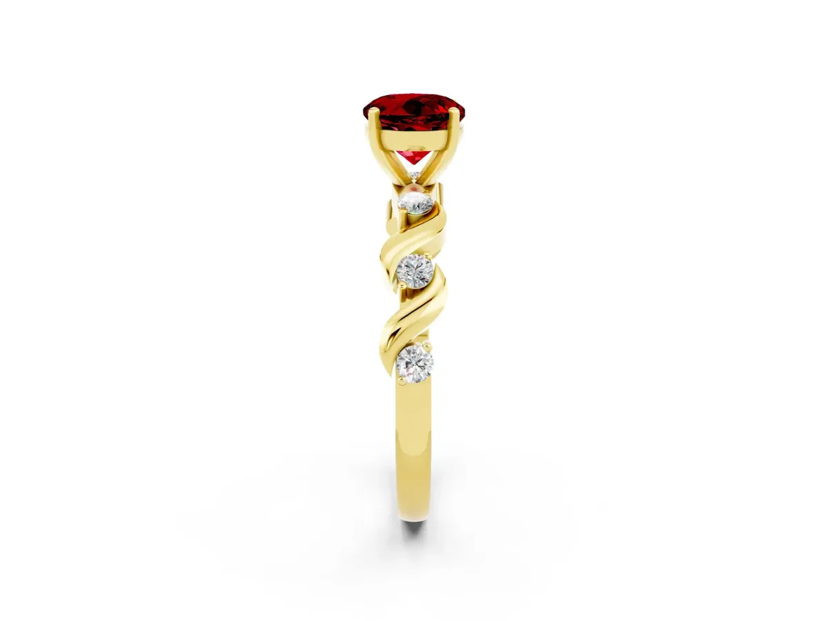 Round Cut Ruby Solitaire Twisted Band with Round Accents and Prong Setting Yellow gold