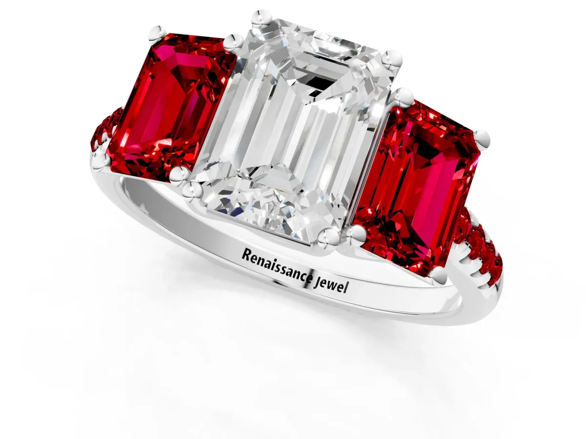 Three-Stone Emerald Cut Diamond Ring with Round Ruby Pavé Band and Prong Setting Platinum