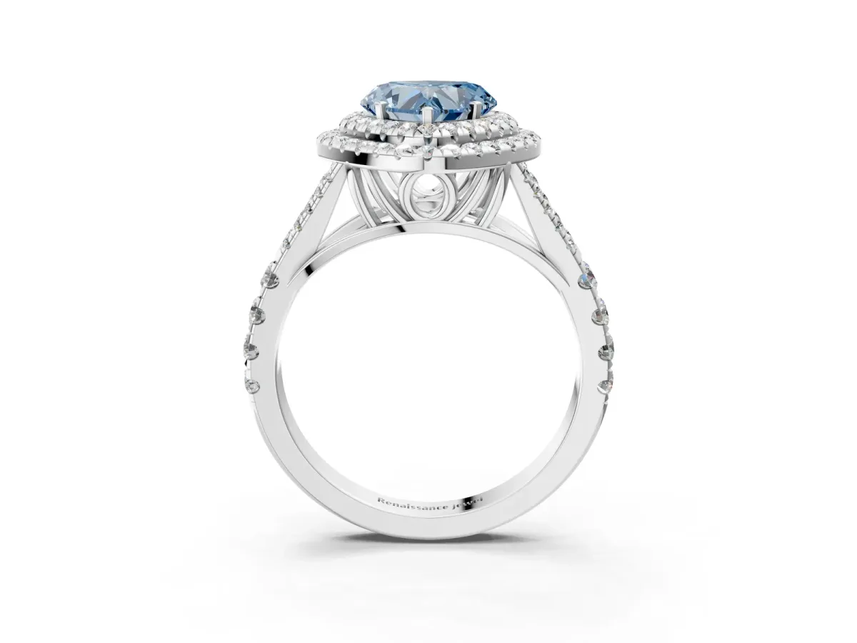 Fancy Blue Heart Cut Cut Double Halo Split Shank Diamond Ring with Prong Setting Platinum