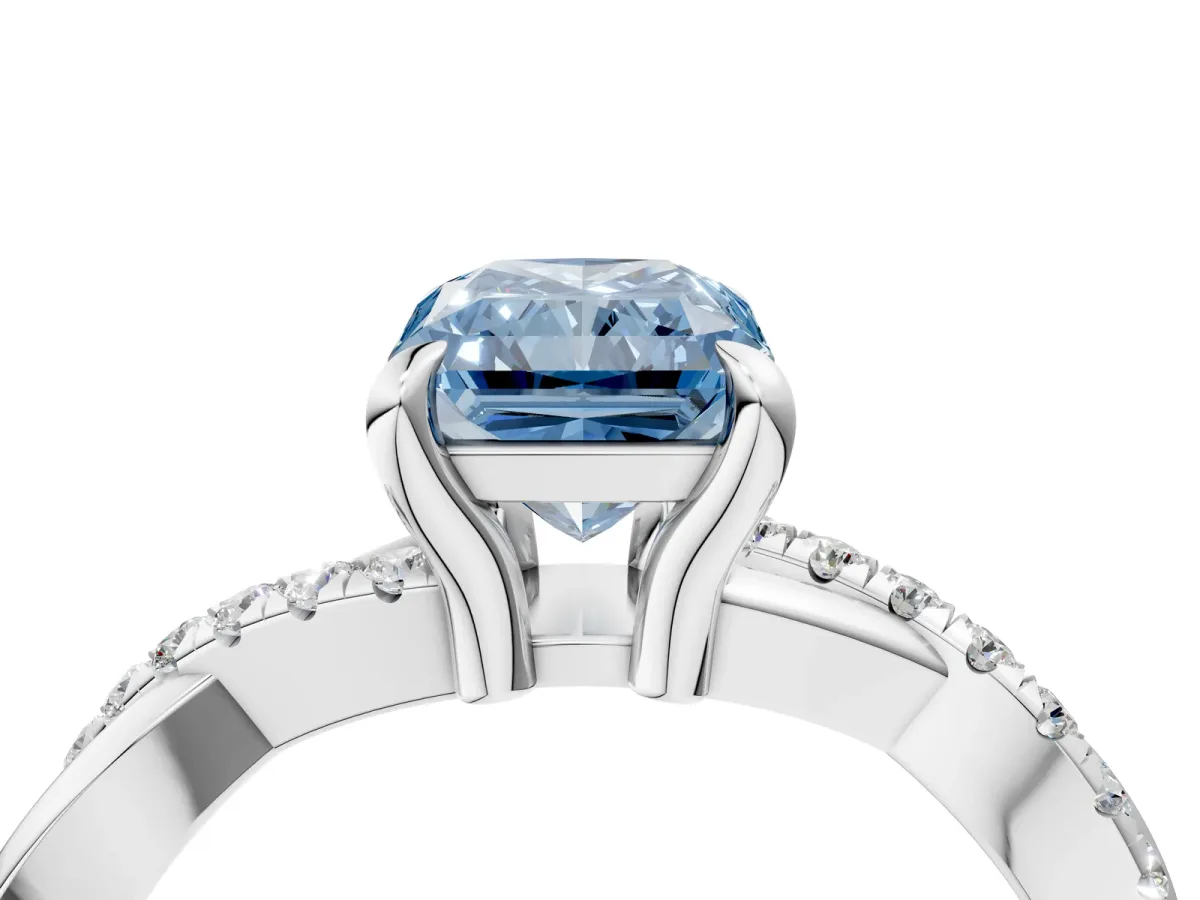 Fancy Blue Radiant Cut Cut Twist Band Solitaire Diamond Ring with Pavé Setting Platinum