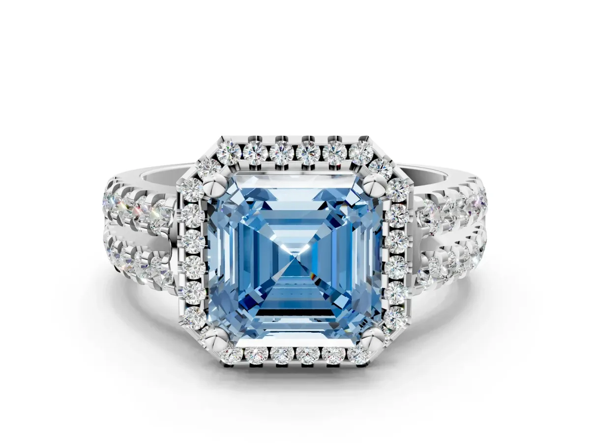 Fancy Blue Asscher Cut Halo Diamond Split Shank Engagement Ring with Prong Setting Platinum