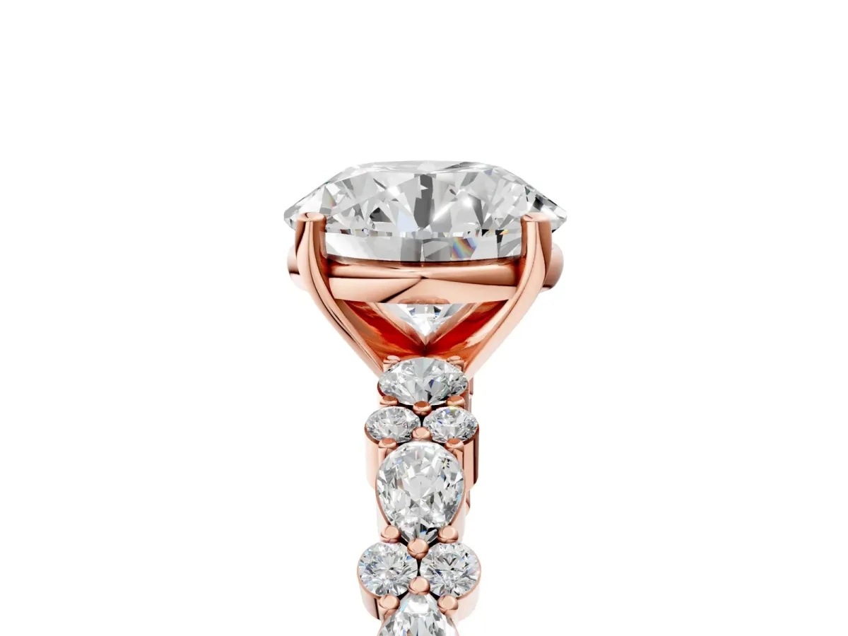 Round Cut Diamond Side Stone Solitaire Ring with Round and Four-Prong Setting Rose gold
