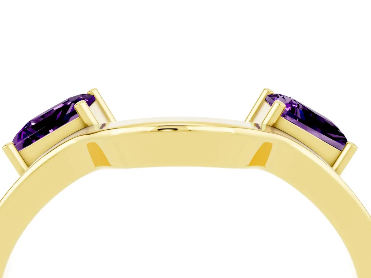 Princess Cut Amethyst Two-Stone Open Band Ring with Four-Prong Setting Yellow gold