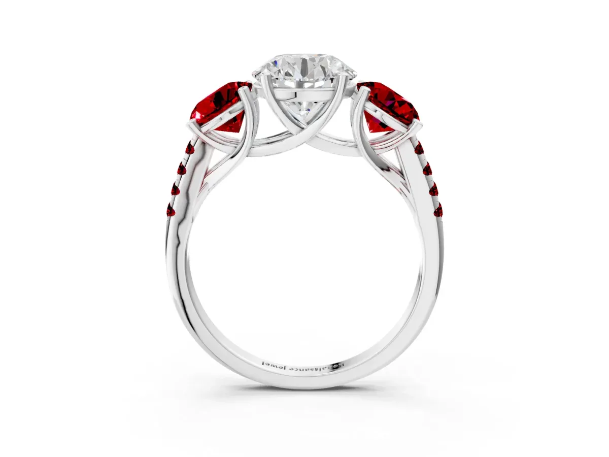 Three-Stone Round Cut Diamond Ring with Round Ruby Pavé Band and Prong Setting White gold