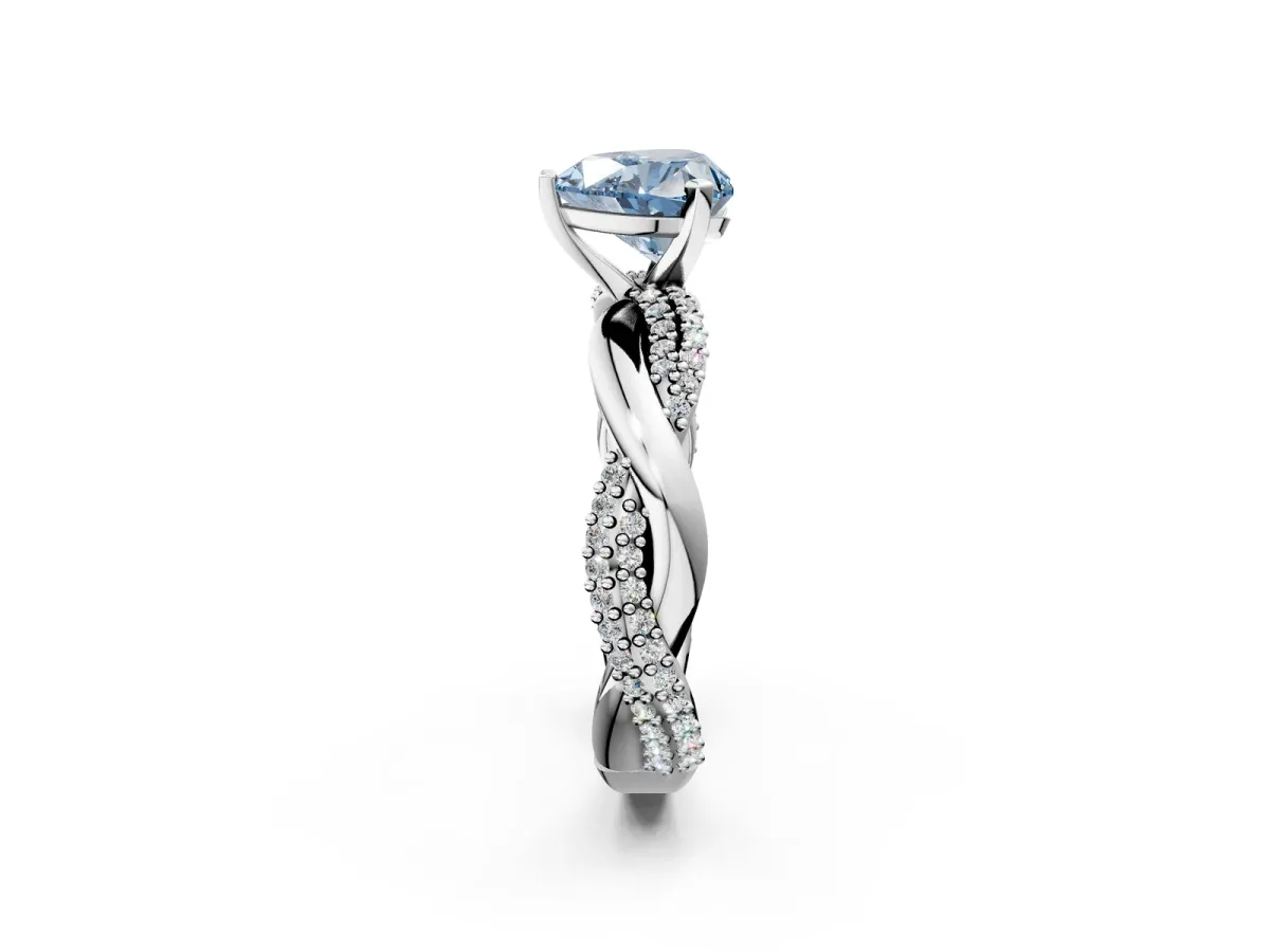 Fancy Blue Heart Cut Solitaire Twist Band with Pave Prong Setting Platinum