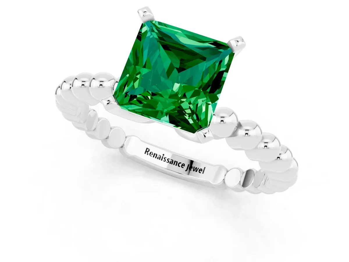 Princess Cut Emerald Solitaire Ring with Beaded Band and Prong Setting Silver