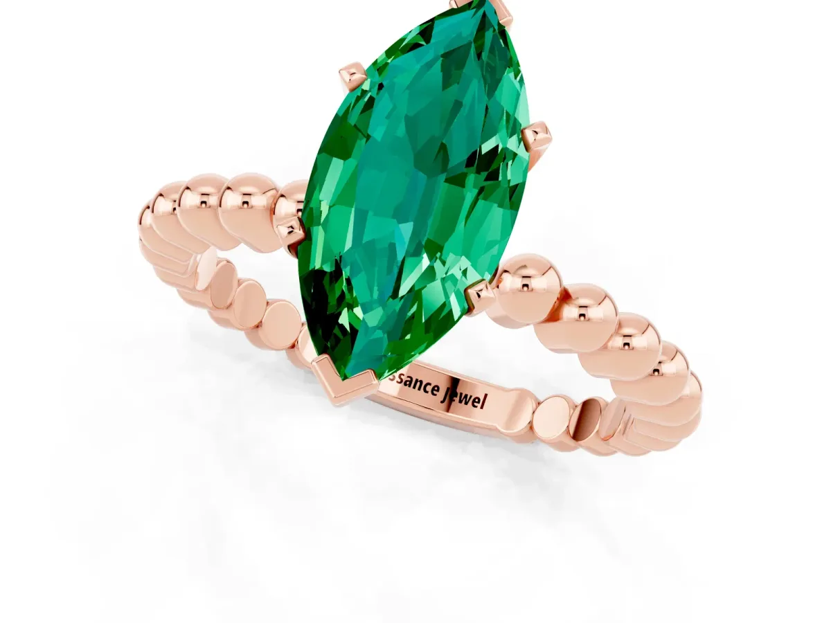 Marquise Cut Emerald Solitaire Ring with Beaded Band and Prong Setting Rose gold