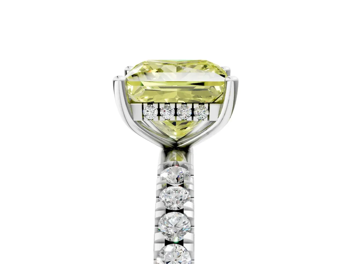 Fancy Yellow Princess Cut Diamond Pave Band Solitaire Ring with Round and Prong Setting Silver