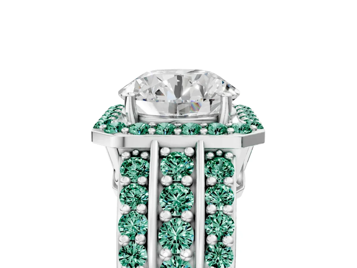 Round Cut Halo Diamond Ring with Round Green Sapphire Split Shank and Prong Setting Silver