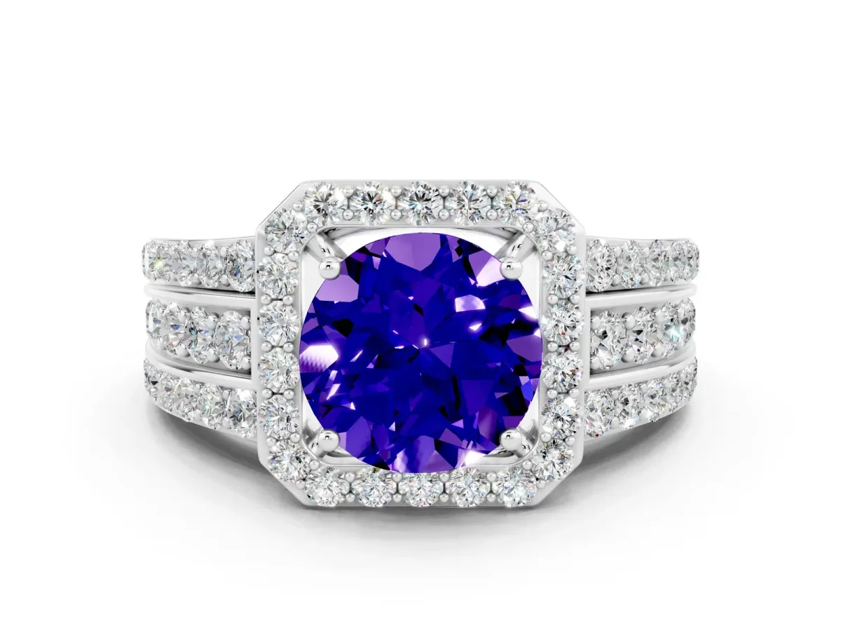 Round Cut Halo Tanzanite Ring with Round Split Shank and Prong Setting Platinum