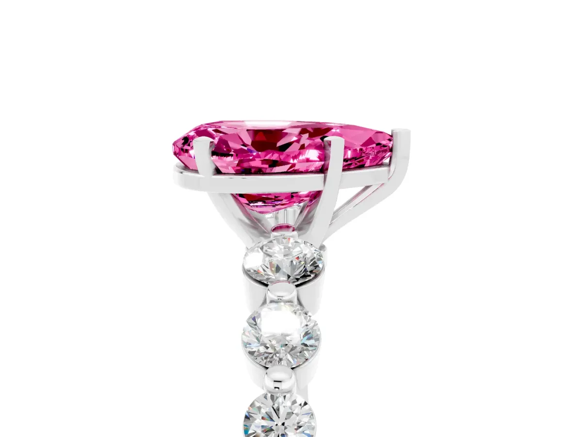 Pear Cut Solitaire Pink Sapphire Ring with Pave Band and Four-Prong Setting Silver