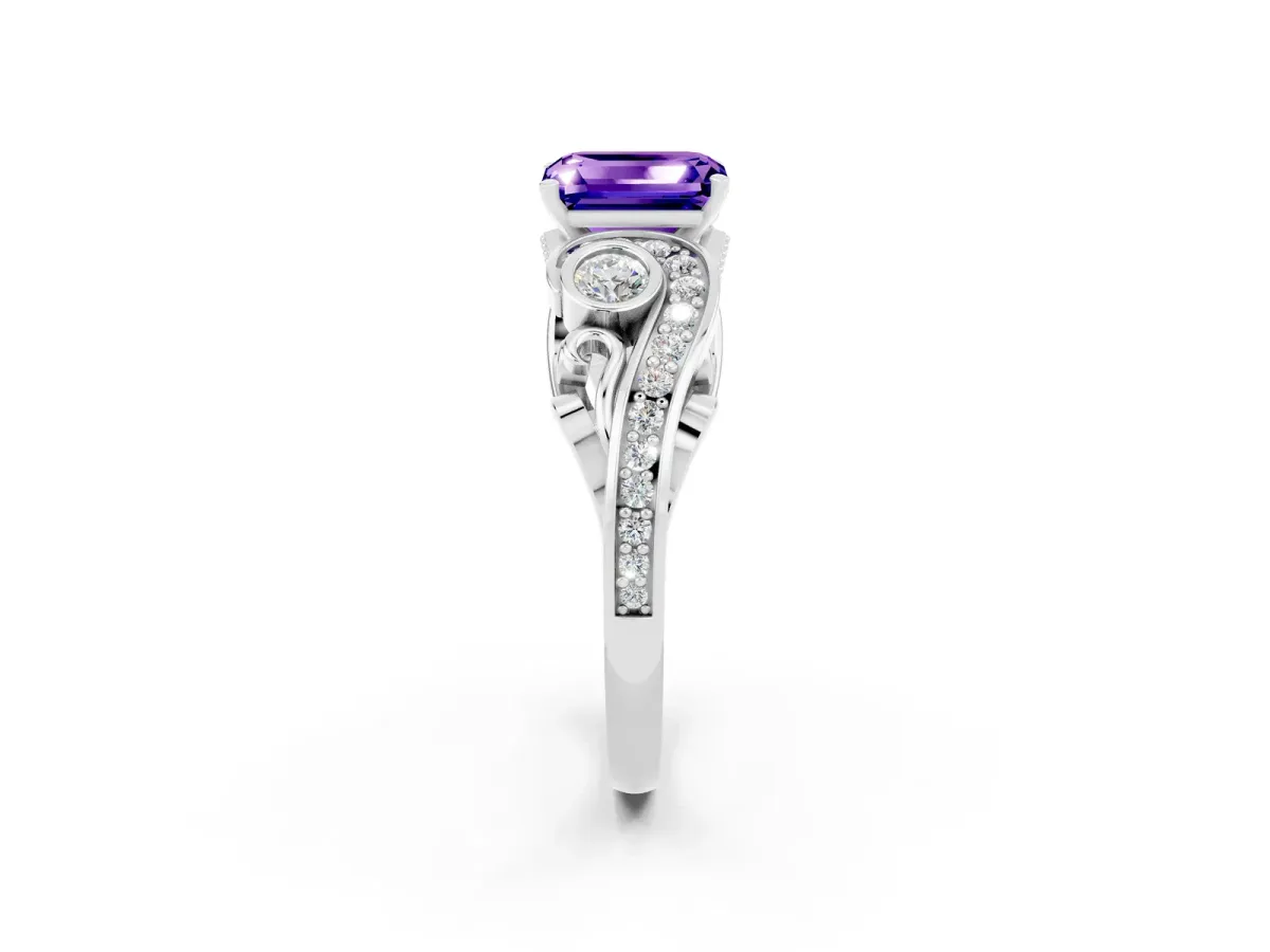 Emerald Cut Tanzanite Solitaire Ring with Milgrain Pavé Band and Four-Prong Setting Silver
