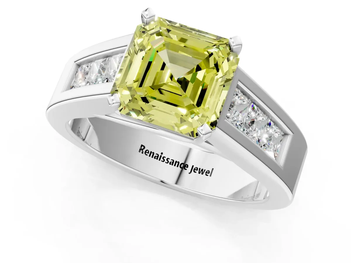 Fancy Yellow Asscher Cut Cut Channel Set Solitaire Ring with Four-Prong Setting White gold
