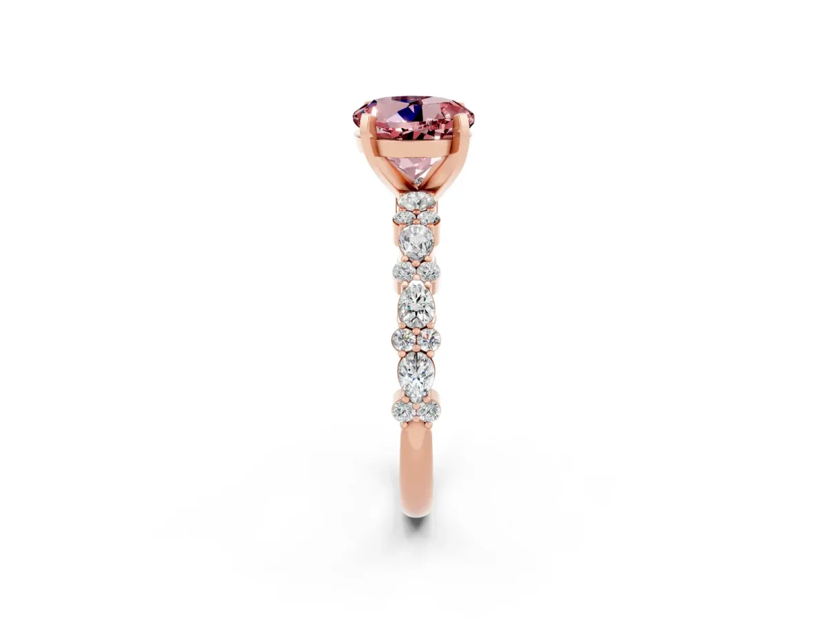 Round Cut Morganite Side Stone Solitaire Ring with Round and Four-Prong Setting Rose gold