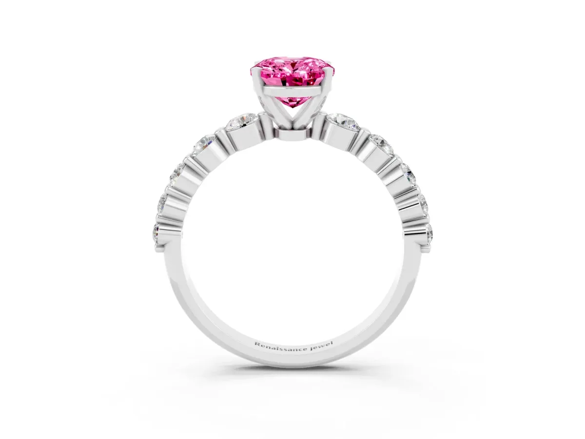 Oval Cut Solitaire Pink Sapphire Ring with Pave Band and Four-Prong Setting Silver