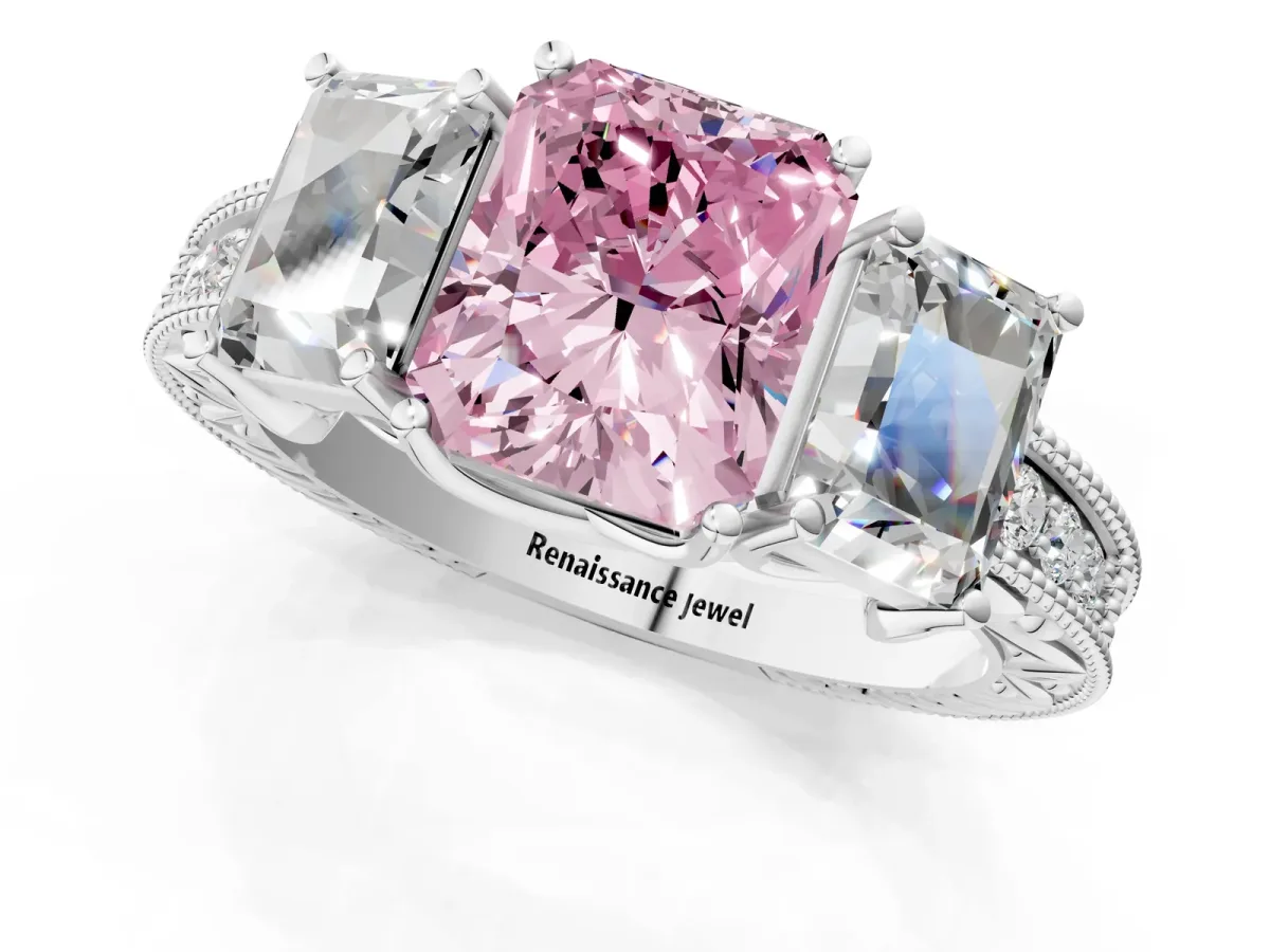 Fancy Pink Three-Stone Radiant Cut Cut Milgrain Pavé Engagement Ring Platinum
