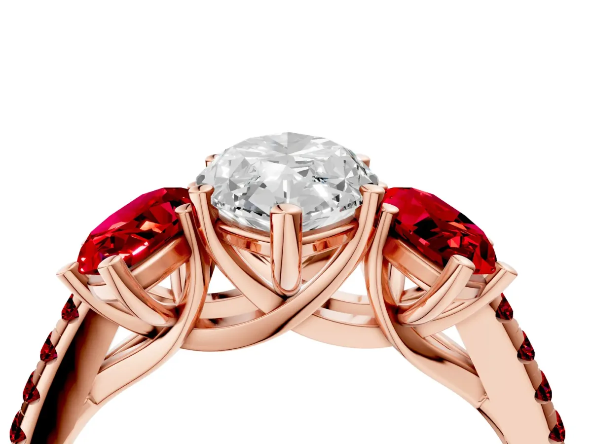 Three-Stone Marquise Cut Diamond Ring with Round Ruby Pavé Band and Prong Setting Rose gold