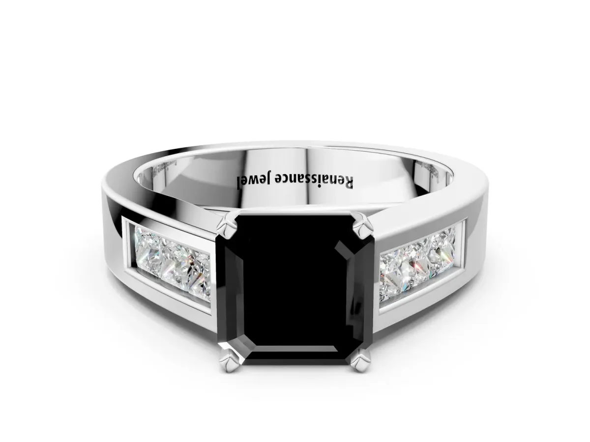 Fancy Black Asscher Cut Cut Channel Set Solitaire Ring with Four-Prong Setting Silver