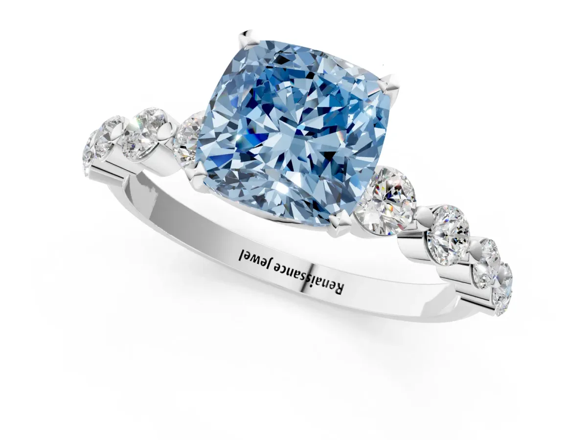 Fancy Blue Cushion Cut Solitaire Diamond Ring with Pave Band and Four-Prong Setting Silver