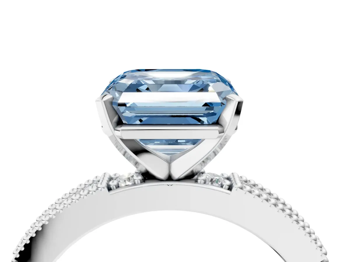 Fancy Blue Asscher Cut Solitaire with Pavé Band and Four-Prong Setting Silver